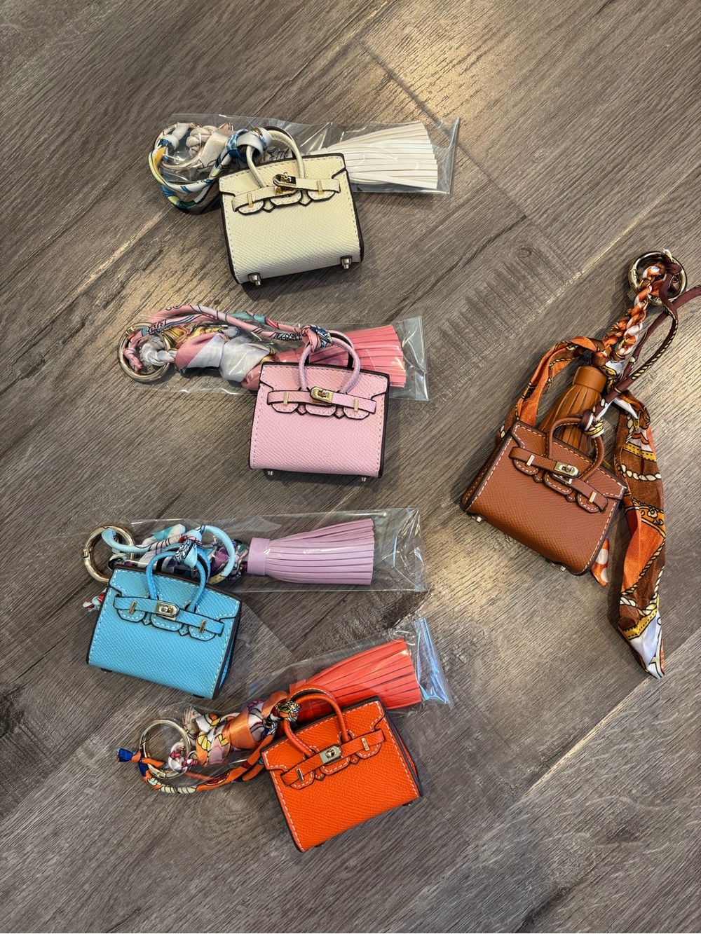 Mini Top Handle Handbag Charm Keychain with Scarf & Tassel – Cream - Picture 4 of 4